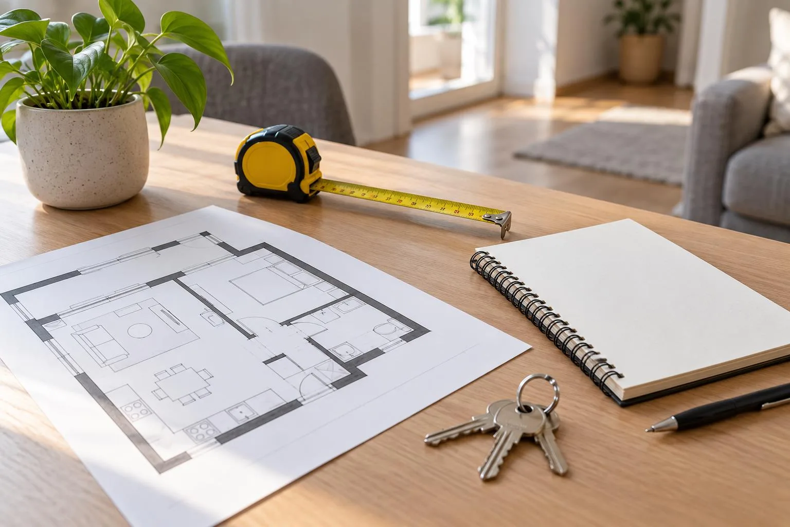Tisch mit Grundriss, Massband, Notizbuch und Schluesseln zur Wohnungsplanung.